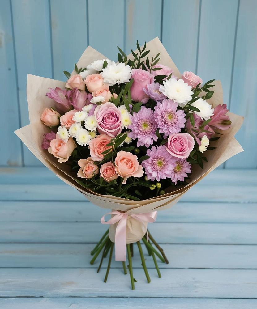 Букет цветов из: Хризантемы, Розы и Альстромерии в Новопашковской