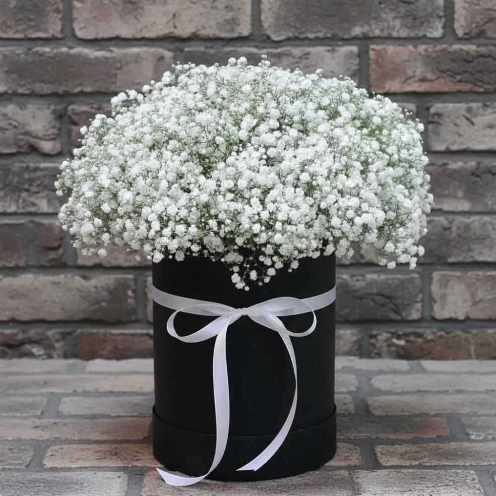 Цветочная композиция из Гипсофила в шляпной коробке в Новопашковской