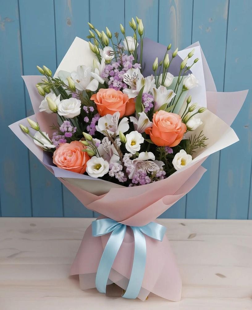 Букет цветов из: Лизиантусы, Розы, Альстромерии и Гипсофила в Новопашковской