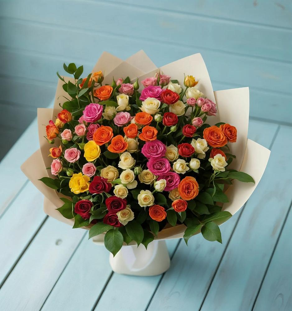 Букет Микс из разноцветных кустовых роз в Новопашковской