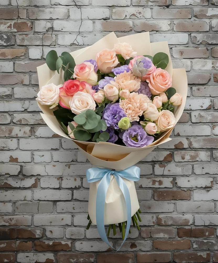 Букет цветов из: Розы, Лизиантусы и Гвоздики в Новопашковской