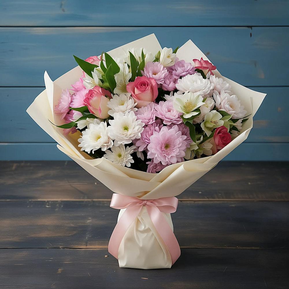 Букет цветов из: Хризантемы, Альстромерии и Розы в Новопашковской